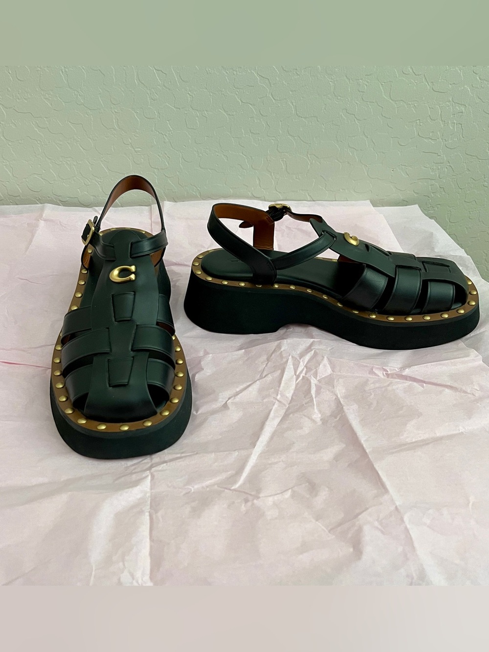 Coach Vivienne Fisherman C Studded Black Leather Sandals - Picture 3 of 9
